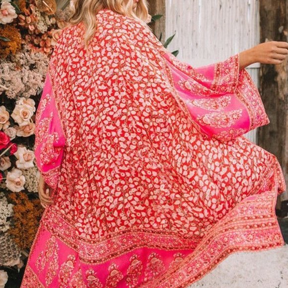 Boho PinkRed floral maxi long kimono beach coverup - Picture 2 of 4
